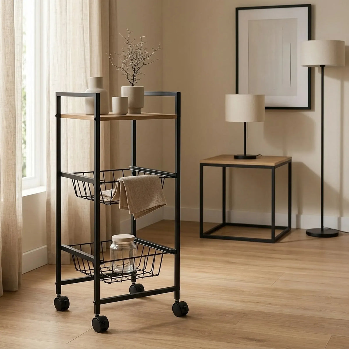 CARLA HOME 3 Tier Rolling Kitchen Trolley Cart - Rustic Brown - Steel - Kitchen Rolling Cart