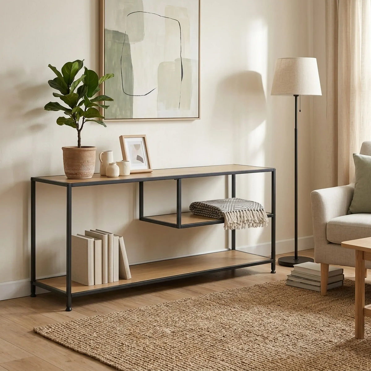 CARLA HOME Industrial Console Table - 3 Shelf Open Storage - Brown - Commodity Shelf