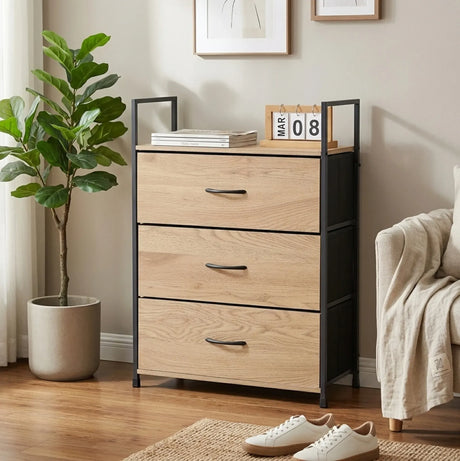 Carla Home 3 Drawer Tallboy Large Storage Cabinet Brown Rustic Steel Chest Drawers Tallboy.