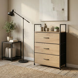 CARLA HOME 3 Drawer Tallboy Large Storage Cabinet - Brown - Rustic - Steel - Chest Drawers Tallboy