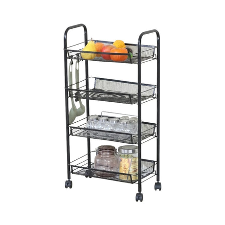 Carla Home 4 Tier Rolling Kitchen Trolley Cart Metal Mesh Black Basic Steel.