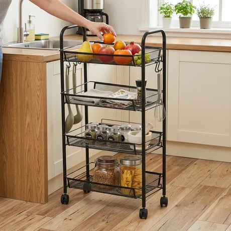 Carla Home 4 Tier Rolling Kitchen Trolley Cart Metal Mesh Black Basic Steel.