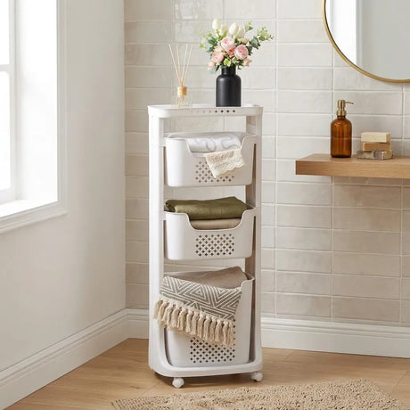 Carla Home 3 Tier Rolling Laundry Basket White with Wheels Basic Plastic.