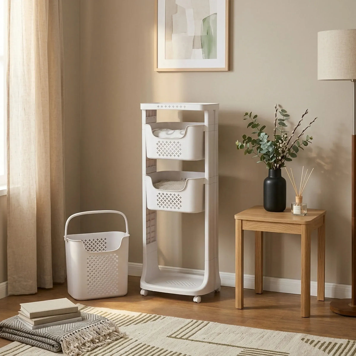 CARLA HOME 3 Tier Rolling Laundry Basket - White with Wheels - Basic - Plastic - 3 - tier Rolling Laundry
