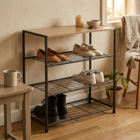 Carla Home 4 Tier Shoe Rack with MDF Top Shelf Metal Brown Rustic Steel Metal Mesh Shelves.