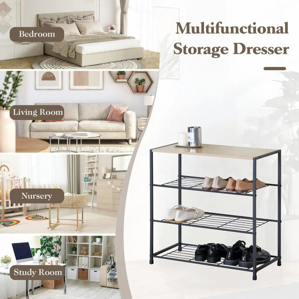 CARLA HOME 4 Tier Shoe Rack with Mdf Top Shelf - Metal - Brown - Rustic - Steel - Metal Mesh Shelves