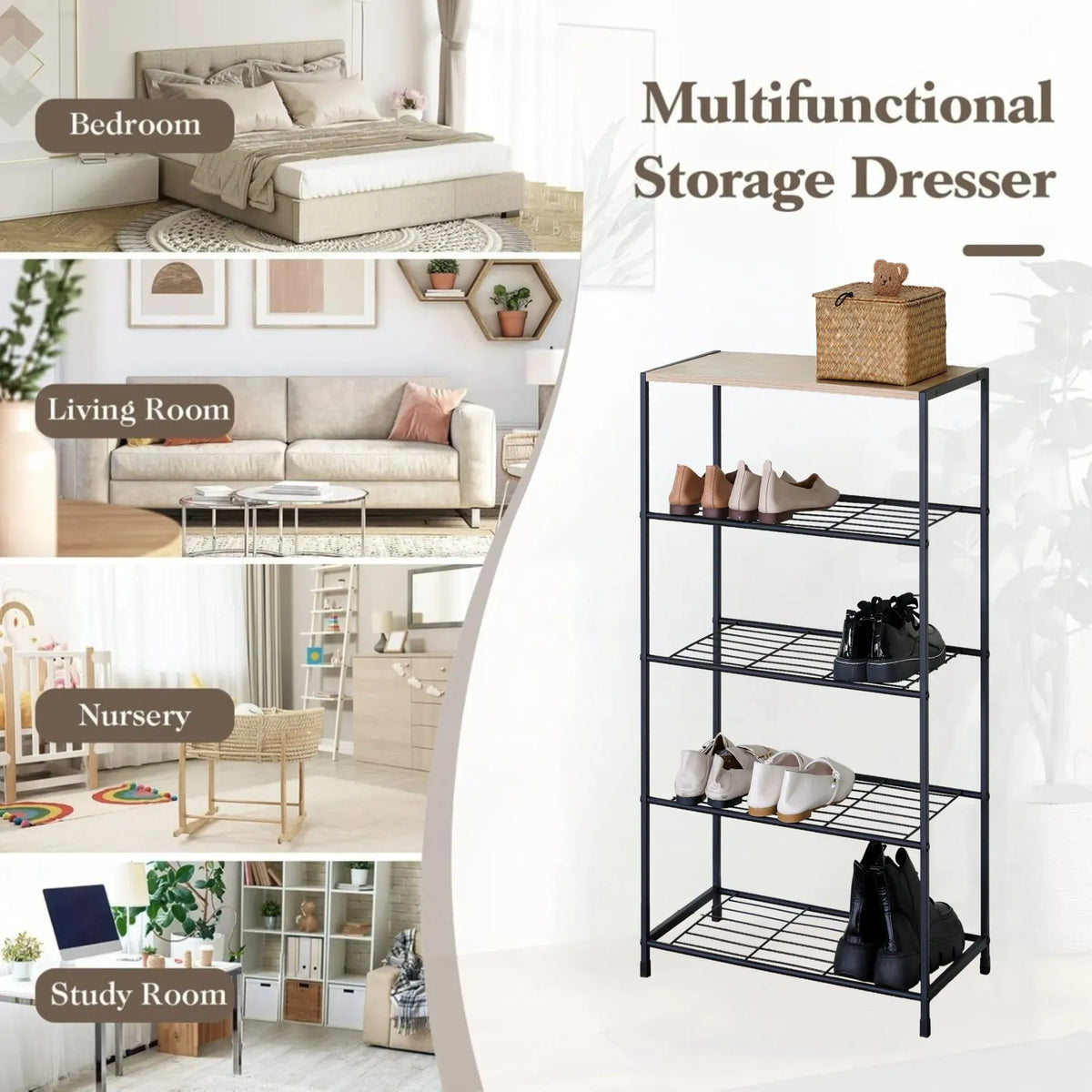 CARLA HOME 5 Tier Shoe Rack - Metal Mesh Organiser - Rustic Brown - Steel - Metal Mesh Shelves