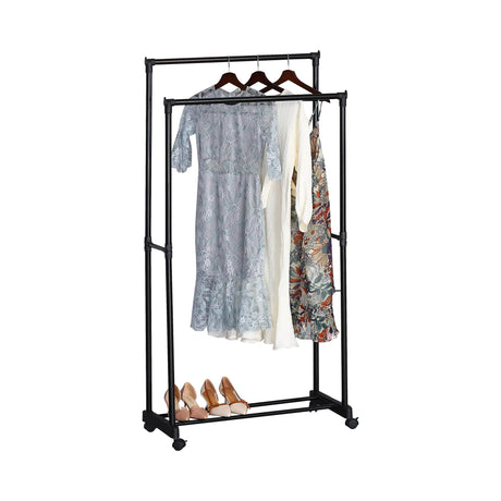 Carla Home Double Rod Garment Rack with Wheels Black Basic Steel Double Rod Clothes.