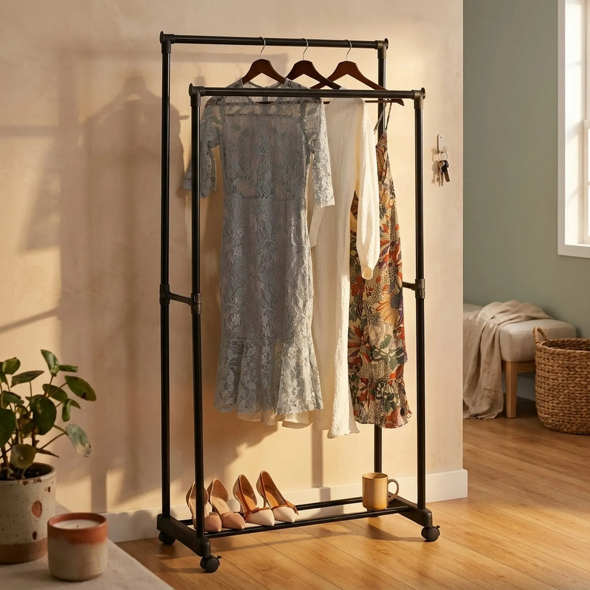 CARLA HOME Double Rod Garment Rack with Wheels - Black - Basic - Steel - Double Rod Clothes