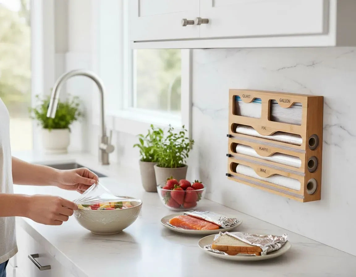 CARLA HOME Bamboo Wrap Organiser, 5 in 1 Dispenser with Cutter for Kitchen