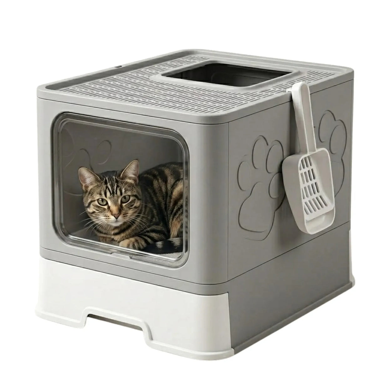 CARLA HOME Foldable Enclosed Cat Litter Box with Scoop - Grey - Plastic - Kitty Litter Tray
