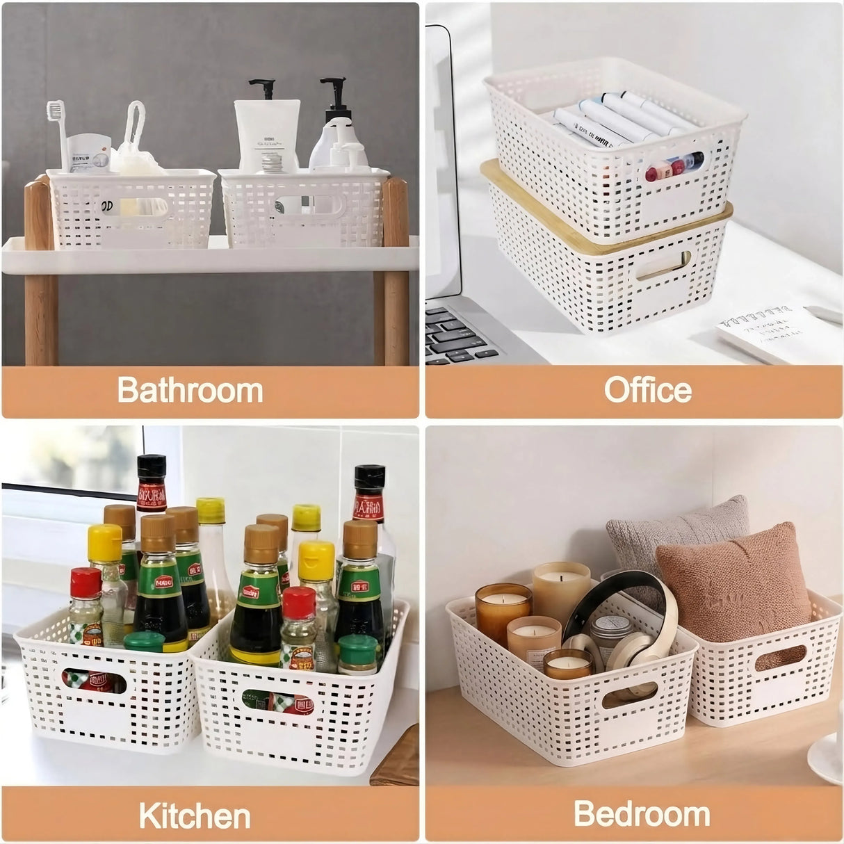 CARLA HOME Storage Bins with Bamboo Lids - 6 Pack - White - Plastic - Storage Bins 6 Pcs