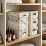 CARLA HOME Storage Bins with Bamboo Lids - 6 Pack - White - Plastic - Storage Bins 6 Pcs