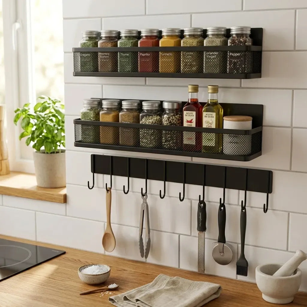 CARLA HOME 3 Pack Magnetic Spice Rack for Fridge Kitchen with Hook Bar