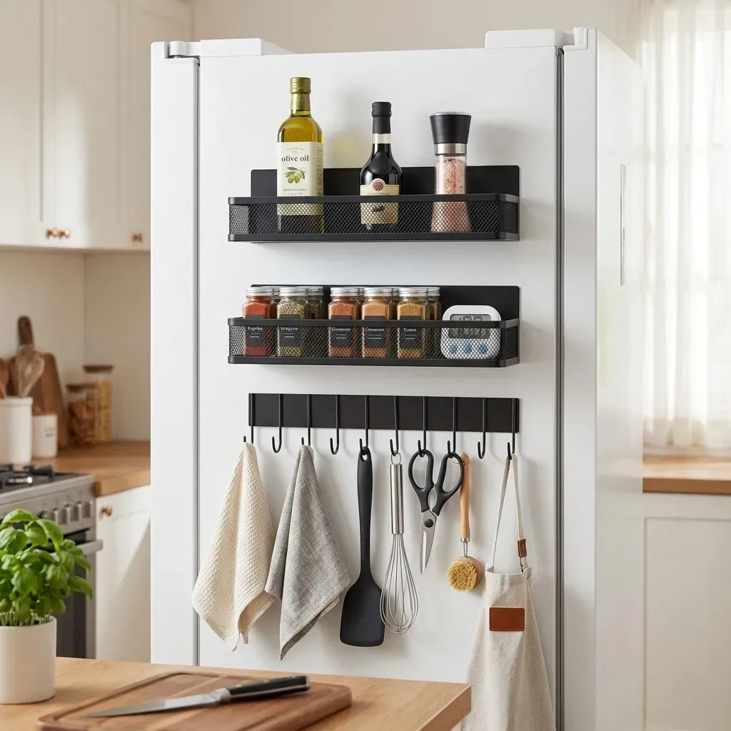 CARLA HOME 3 Pack Magnetic Spice Rack for Fridge Kitchen with Hook Bar