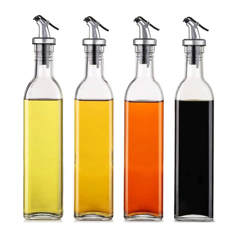 Transparent glass oil dispenser, 500ml, 4 pack, easy to clean.