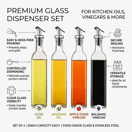 Transparent glass oil dispenser, 500ml, 4 pack, easy to clean.
