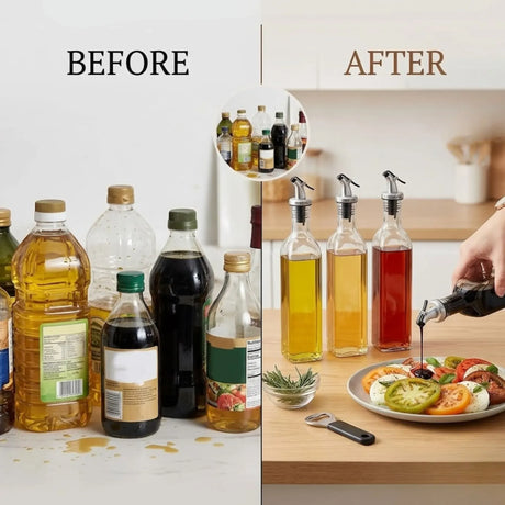 Transparent glass oil dispenser, 500ml, 4 pack, easy to clean.