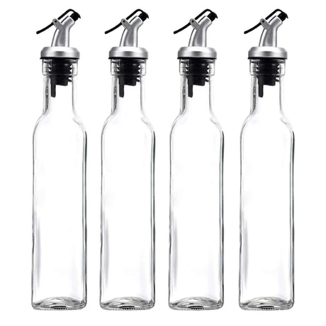 Transparent glass oil dispenser, 500ml, 4 pack, easy to clean.
