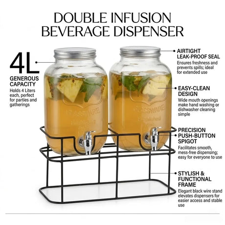 Glass drink dispensers, 4L, 2 pack, easy to clean.
