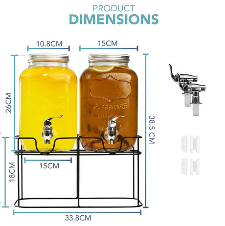 Glass drink dispensers, 4L, 2 pack, easy to clean.