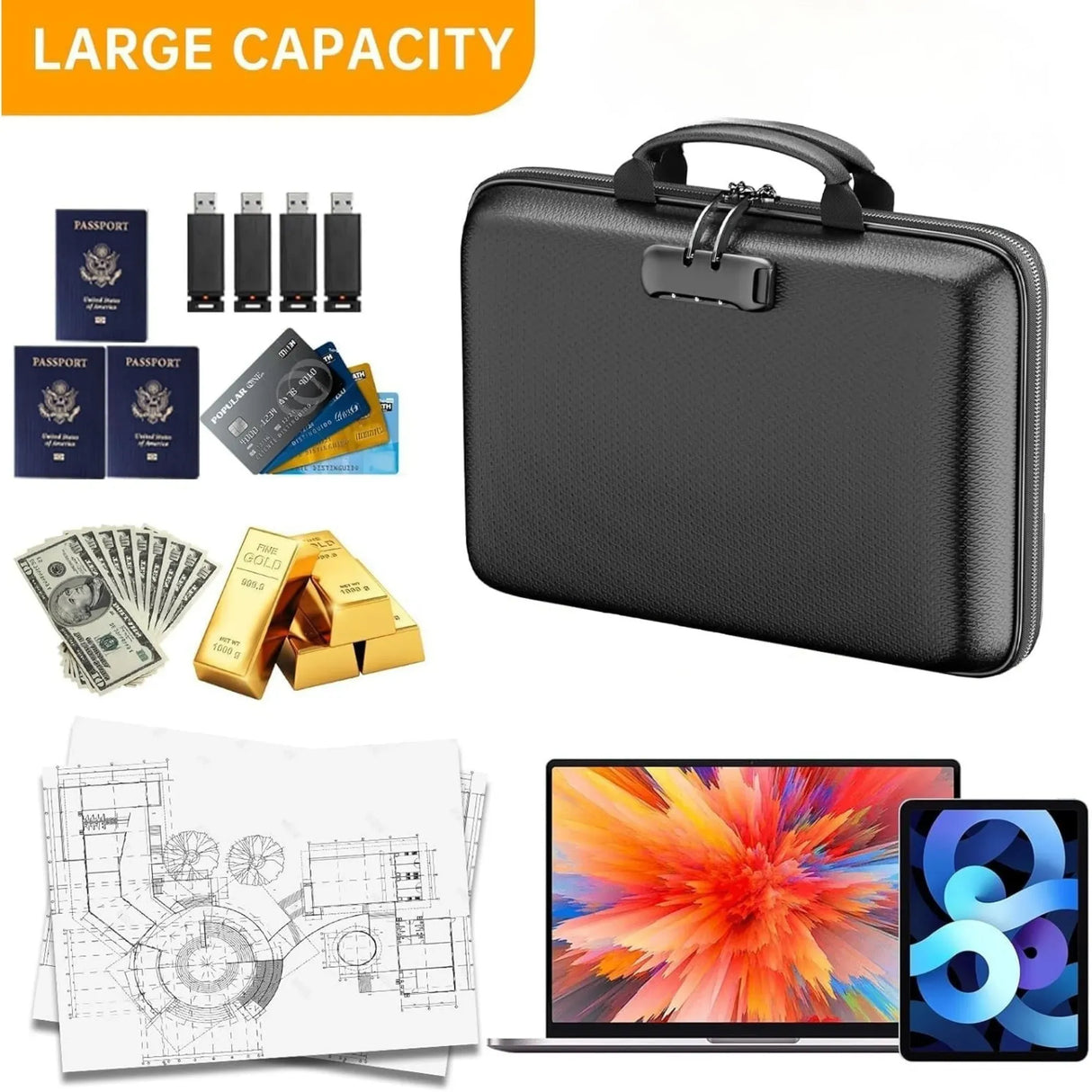 CARLA HOME Fireproof Document Box with Lock - Hard Shell - Glass Fiber - Fireproof File Organizer