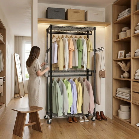Portable rail garment rack, double size.