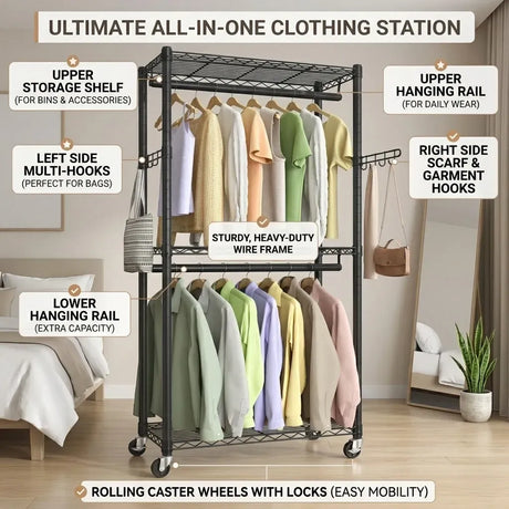 Portable rail garment rack, double size.
