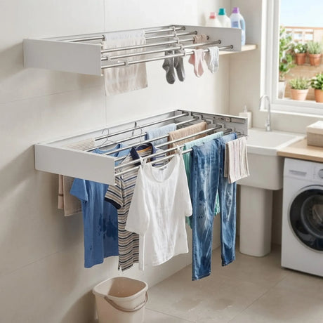Carla Home Wall Mounted Clothes Drying Rack Foldable Balcony Folding Clothes White.