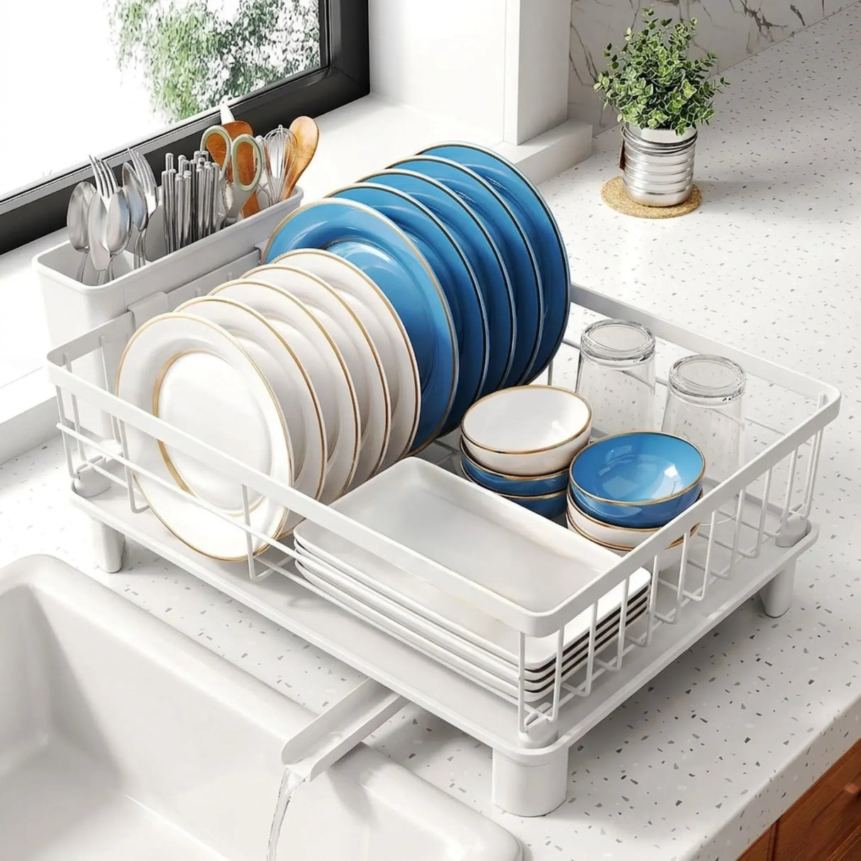 CARLA HOME Dish Drying Rack with Drainboard & Utensil Holder for Kitchen (White)