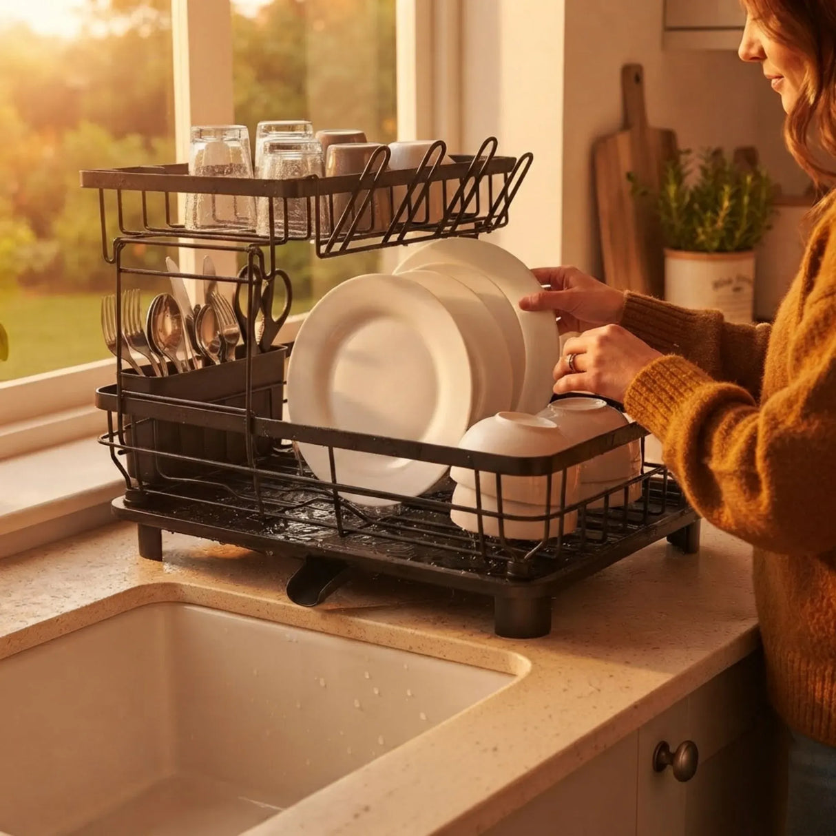 CARLA HOME 2 tier Dish Drying Rack with Drainboard & Utensil Holder for Kitchen (Black)