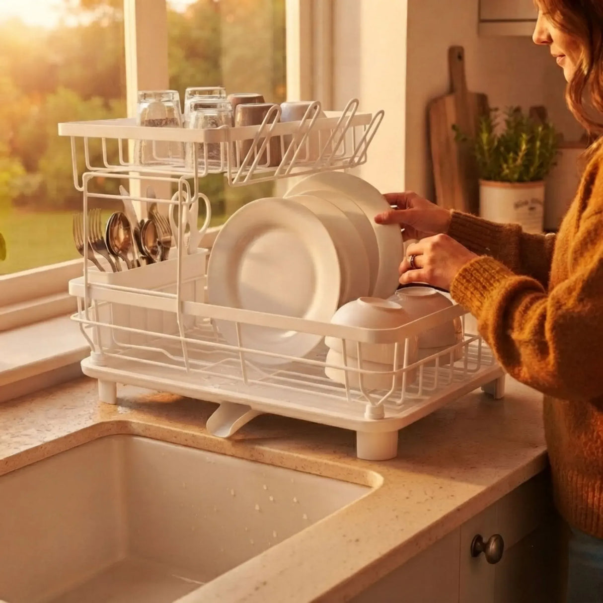 CARLA HOME 2 tier Dish Drying Rack with Drainboard & Utensil Holder for Kitchen (White)