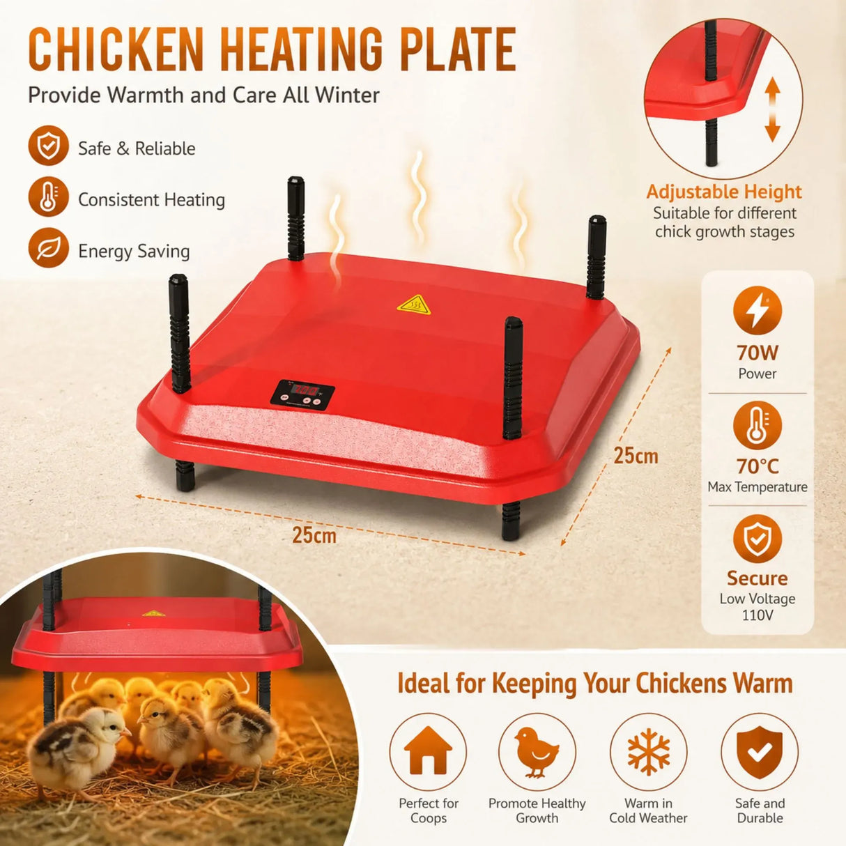 CARLA HOME Chick Brooder Heating Plate - Adjustable Height - Red - Chicken Heater