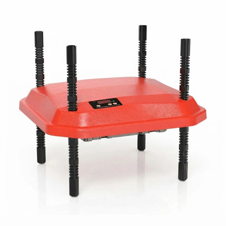 Red adjustable farm equipment, height adjustable.