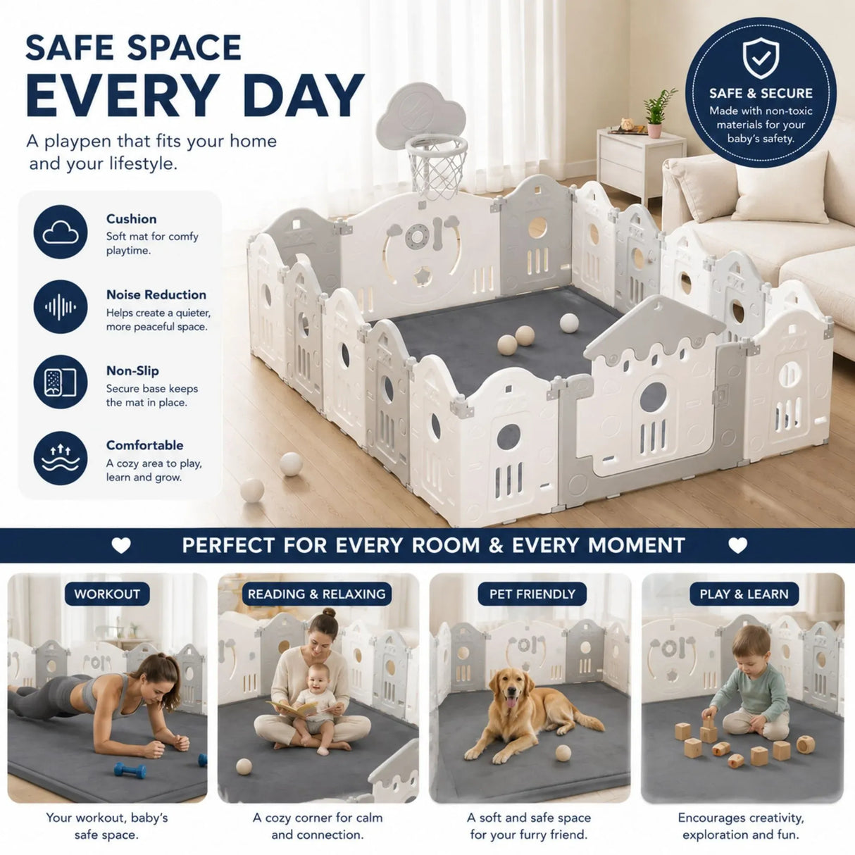 CARLA HOME Baby Play Mat 200x300cm, Thick Foam Crawling Mat, Infants, Grey