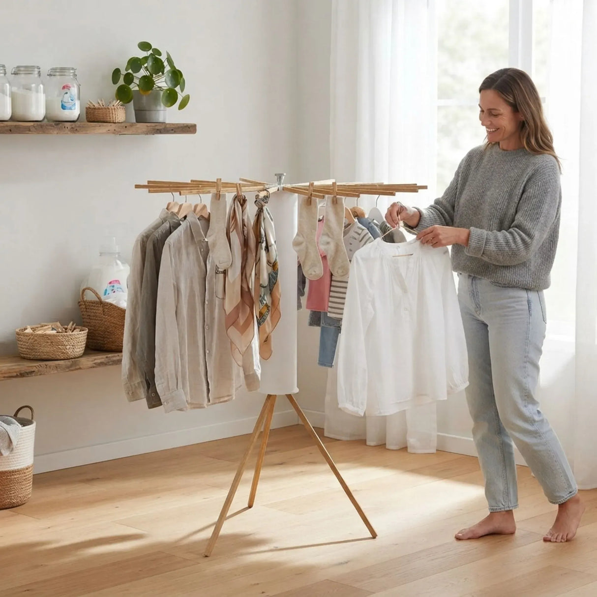 CARLA HOME Tripod Clothes Drying Rack, 16 Rod Foldable, Wooden Poles