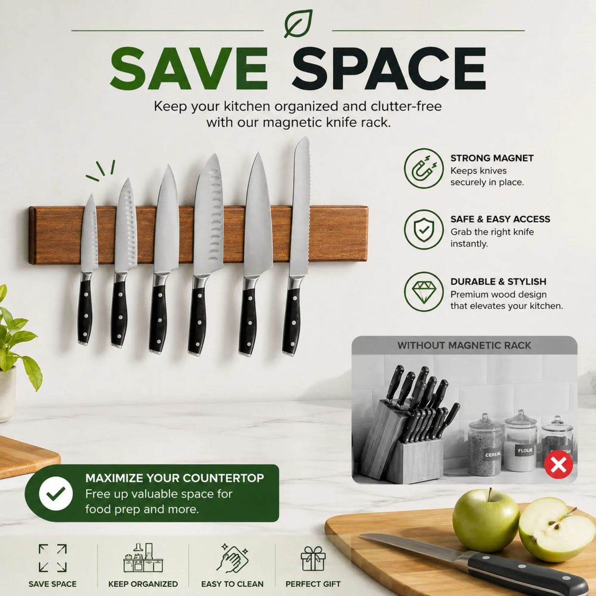 CARLA HOME Magnetic Knife Holder Wall Mounted, Wood Strip, Brown (40cm)