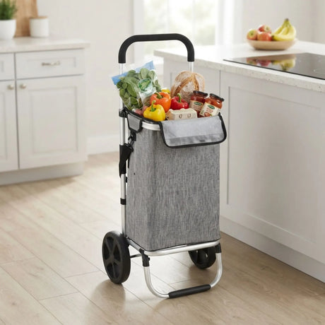 Grey aluminium foldable cart, 45L, folds flat.