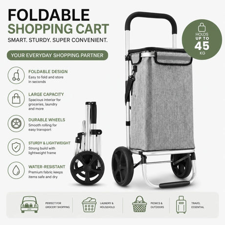 Grey aluminium foldable cart, 45L, folds flat.