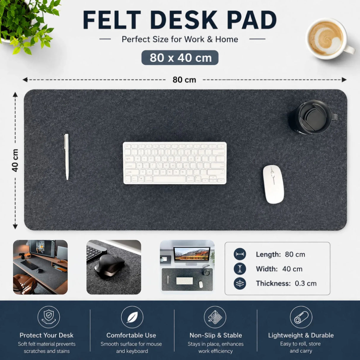 CARLA HOME Felt Desk Mat, Large Mouse Pad 80x40cm, Grey Cotton Linen Fabric