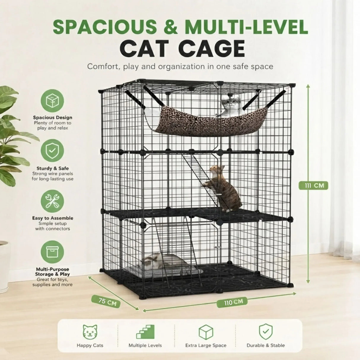 CARLA HOME Large Cat Cage Diy Enclosure, 3 Tier Pet Playpen Cat Kennel
