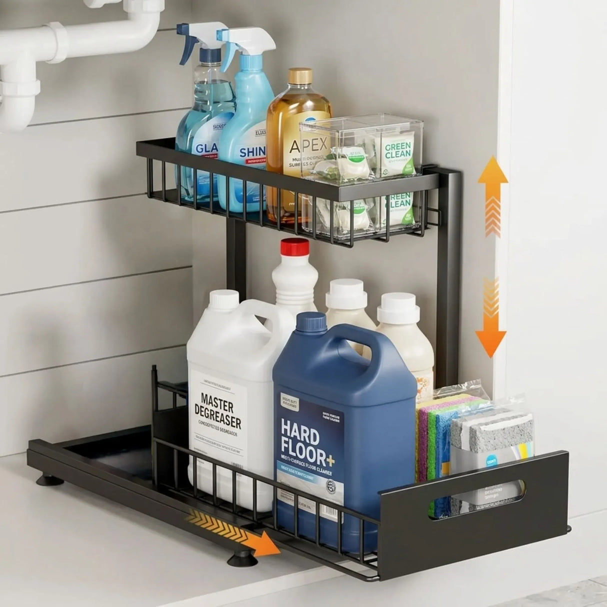 CARLA HOME 2 Tier Under Sink Organiser - Sliding Drawer - Black - Adjustable Under Sink Organiser