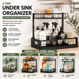 CARLA HOME 2 Tier Under Sink Organiser - Sliding Drawer - Black - Adjustable Under Sink Organiser