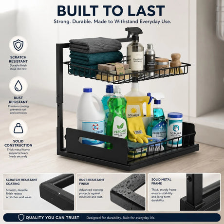 Black adjustable under sink organiser, height adjustable.