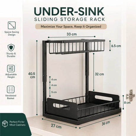 Black adjustable under sink organiser, height adjustable.