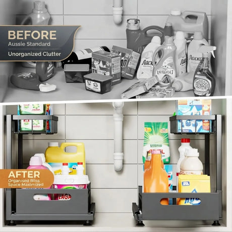 Black adjustable under sink organiser, height adjustable.