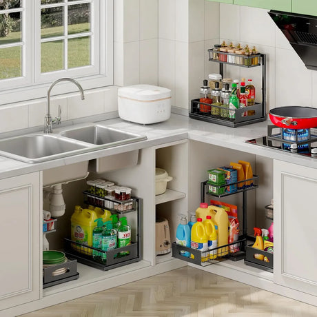 Black adjustable under sink organiser, height adjustable.
