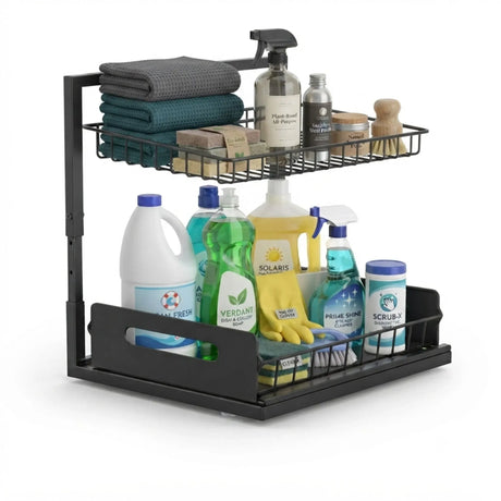 Black adjustable under sink organiser, height adjustable.