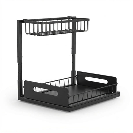 Black adjustable under sink organiser, height adjustable.