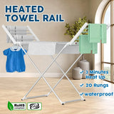 White 220W Electric Heated Towel Rack in Silver with 20 Bars for Fast Drying